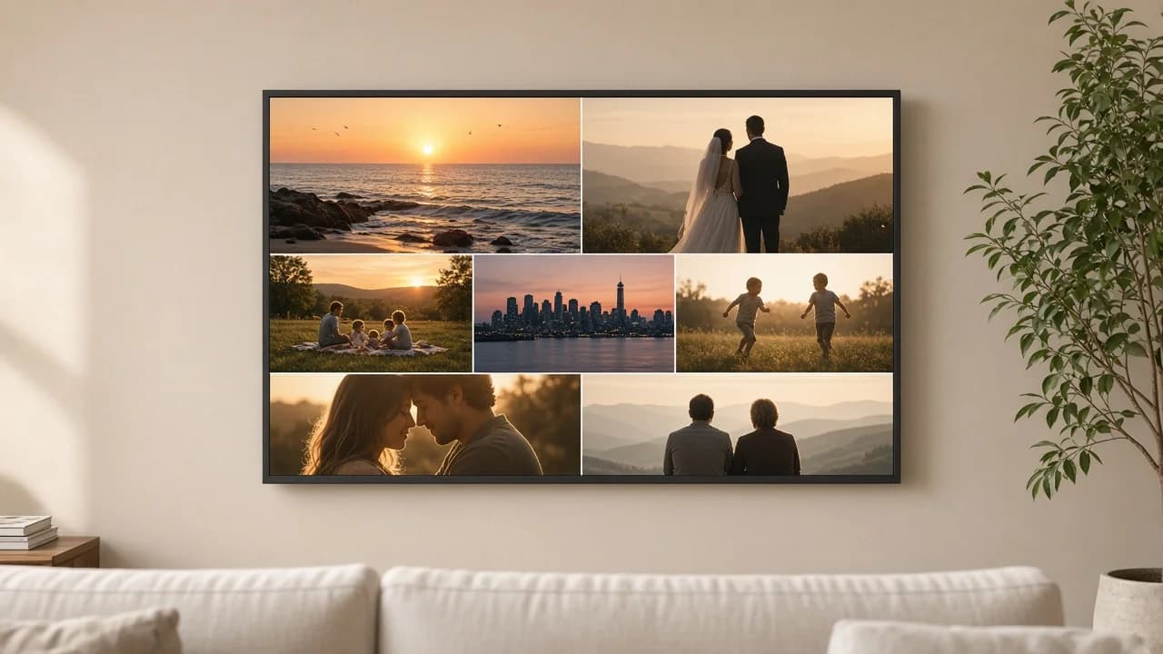 Photo albums displayed on a living room television