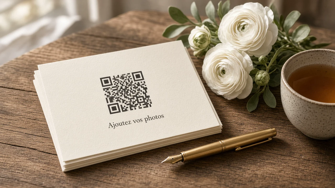 Cartons « Ajoutez vos photos » avec QR code pour un baptĂȘme ou une naissance