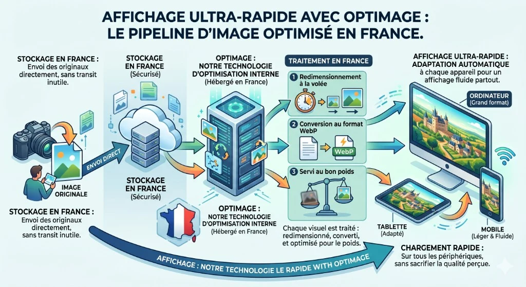 Schéma du pipeline Optimage : envoi direct vers une infrastructure à proximité de chez vous 🇫🇷, traitement à la volée (redimensionnement, WebP) et affichage adapté sur ordinateur, tablette et mobile